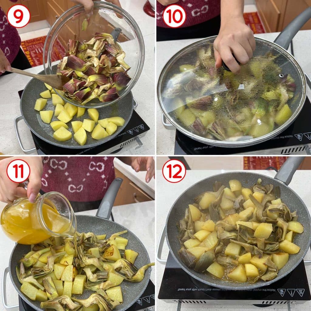Cottura di patate e carciofi in padella
