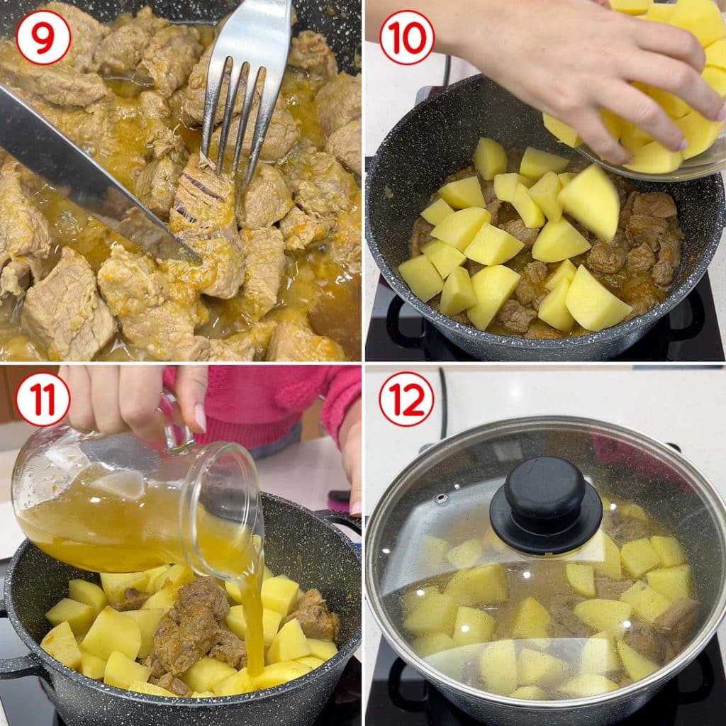 Cottura dello spezzatino con patate in umido