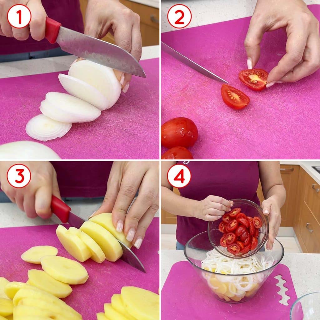 patate, pomodori e cipolle